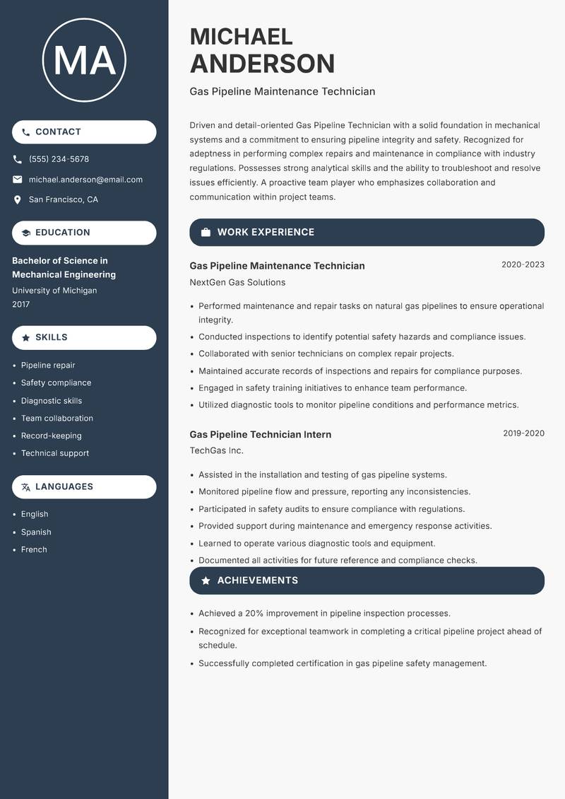 Gas Pipeline Technician resume template — Compact