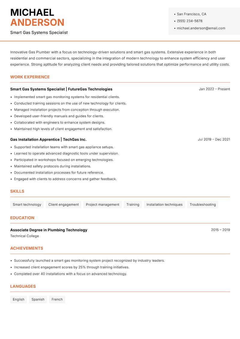Gas Plumber resume template — Modern Professional
