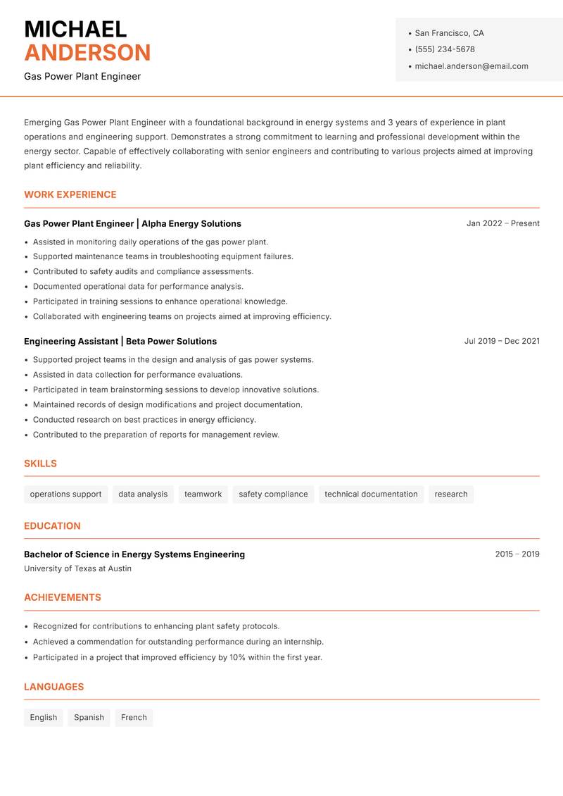 Gas Power Plant Engineer resume template — Modern Professional