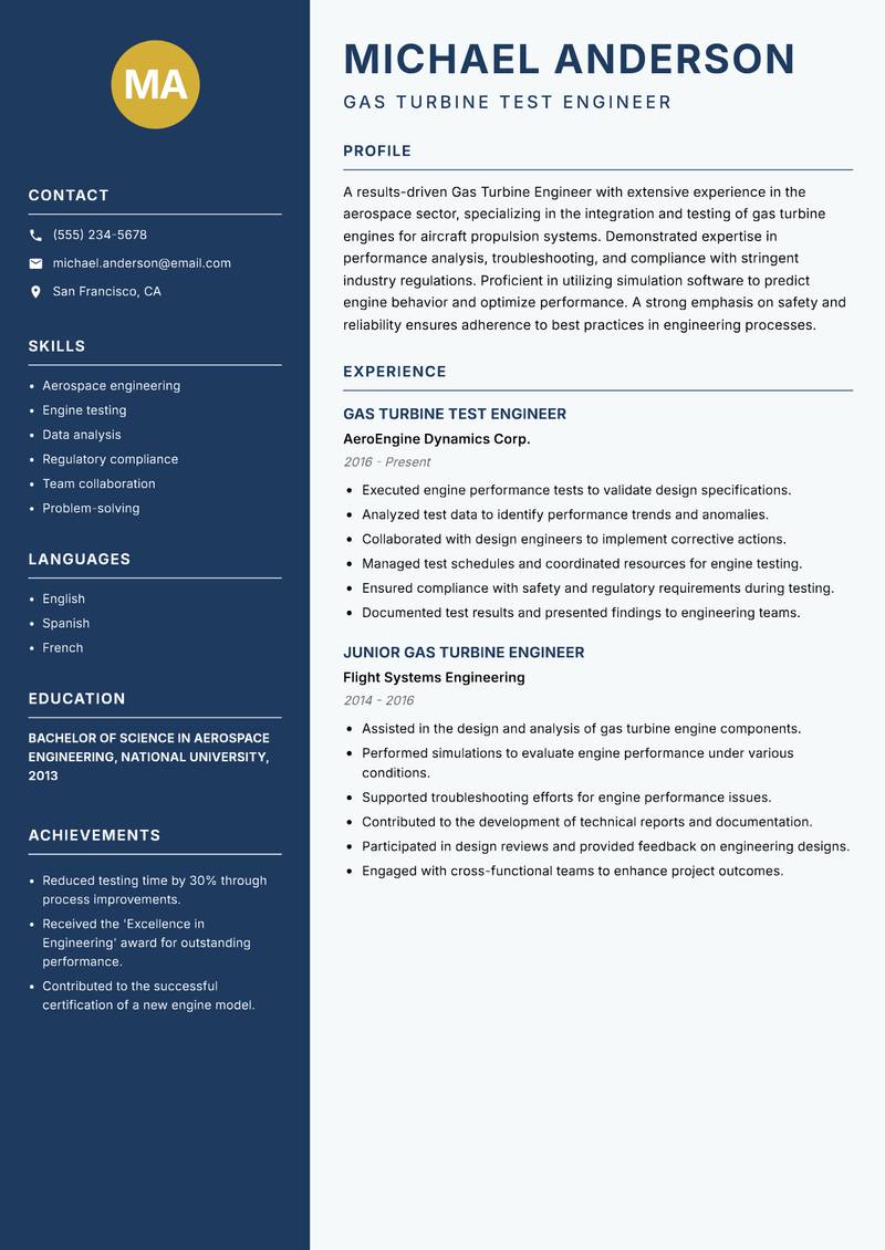 Gas Turbine Engineer resume template — Classic Clean