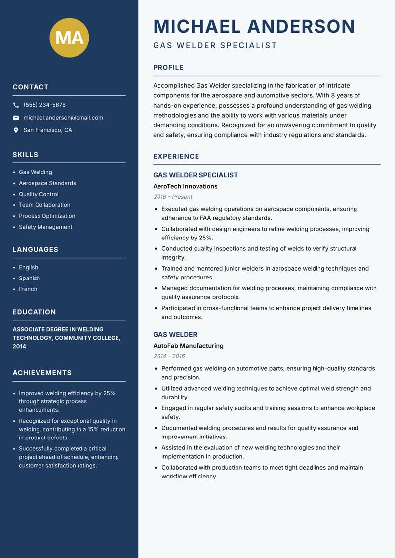 Gas Welder resume template — Classic Clean