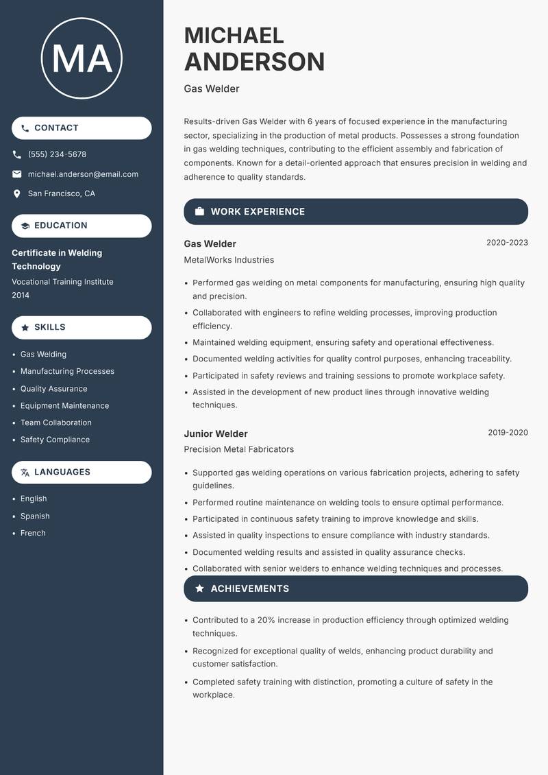 Gas Welder resume template — Compact
