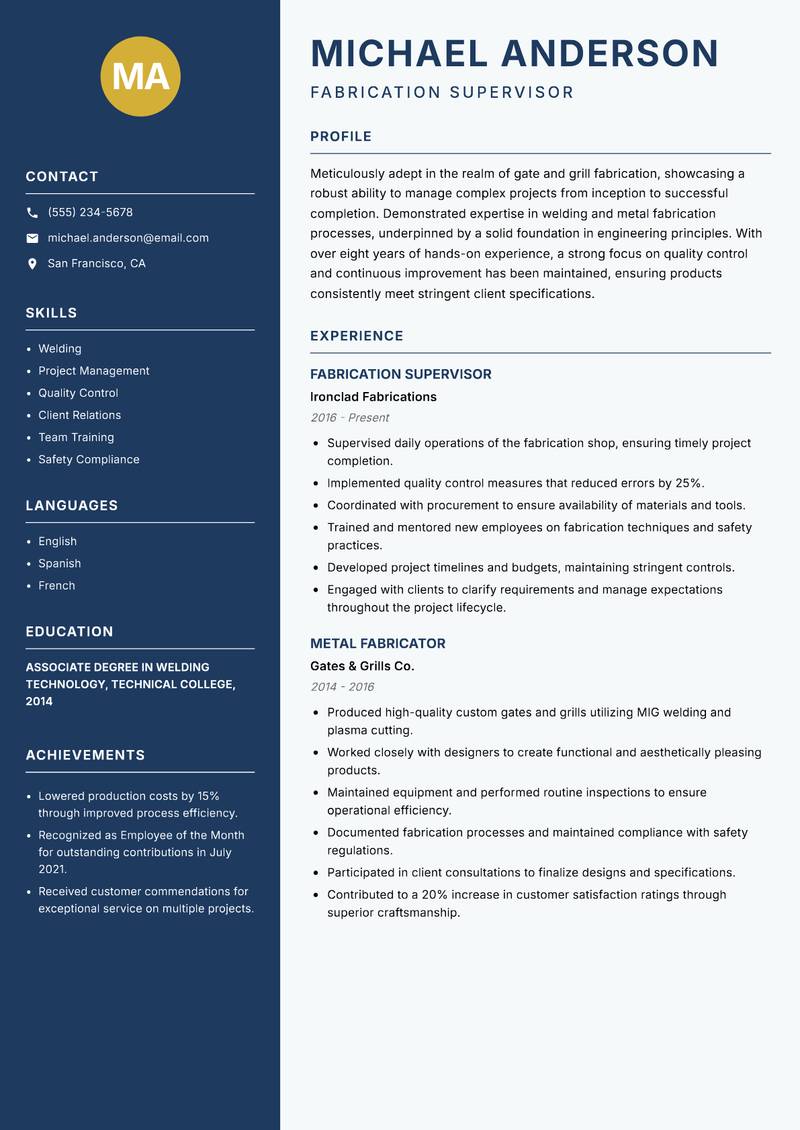 Gate and Grill Fabricator resume template — Classic Clean