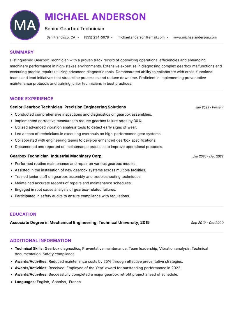 Gearbox Technician resume example — ATS-friendly template