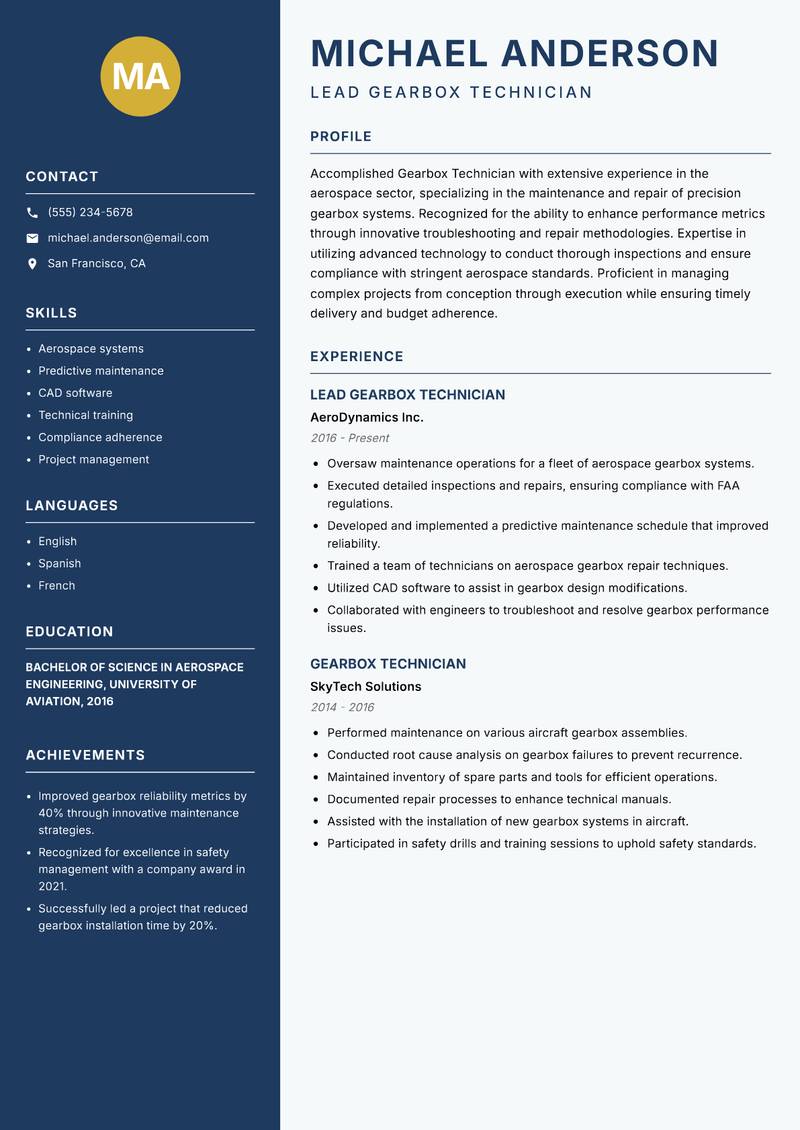 Gearbox Technician resume template — Classic Clean