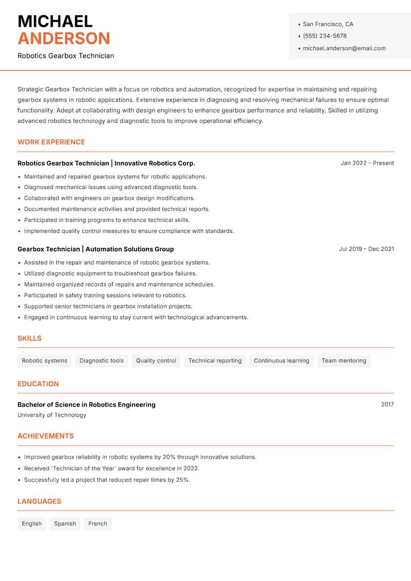 Gearbox Technician resume template — Modern Professional