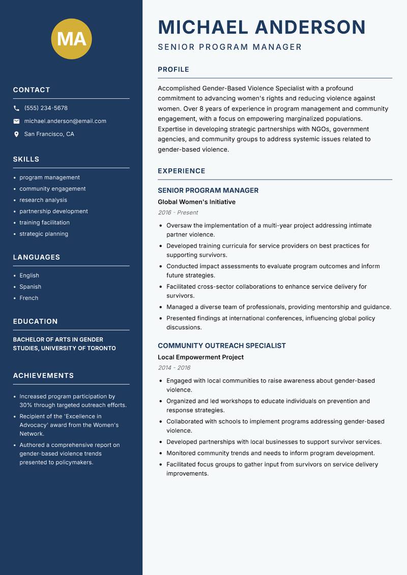 Gender-Based Violence Specialist resume template — Classic Clean