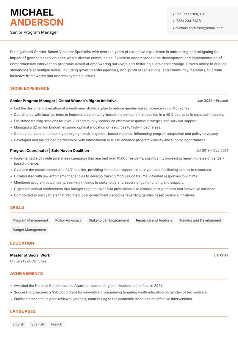 Gender-Based Violence Specialist resume template — Modern Professional