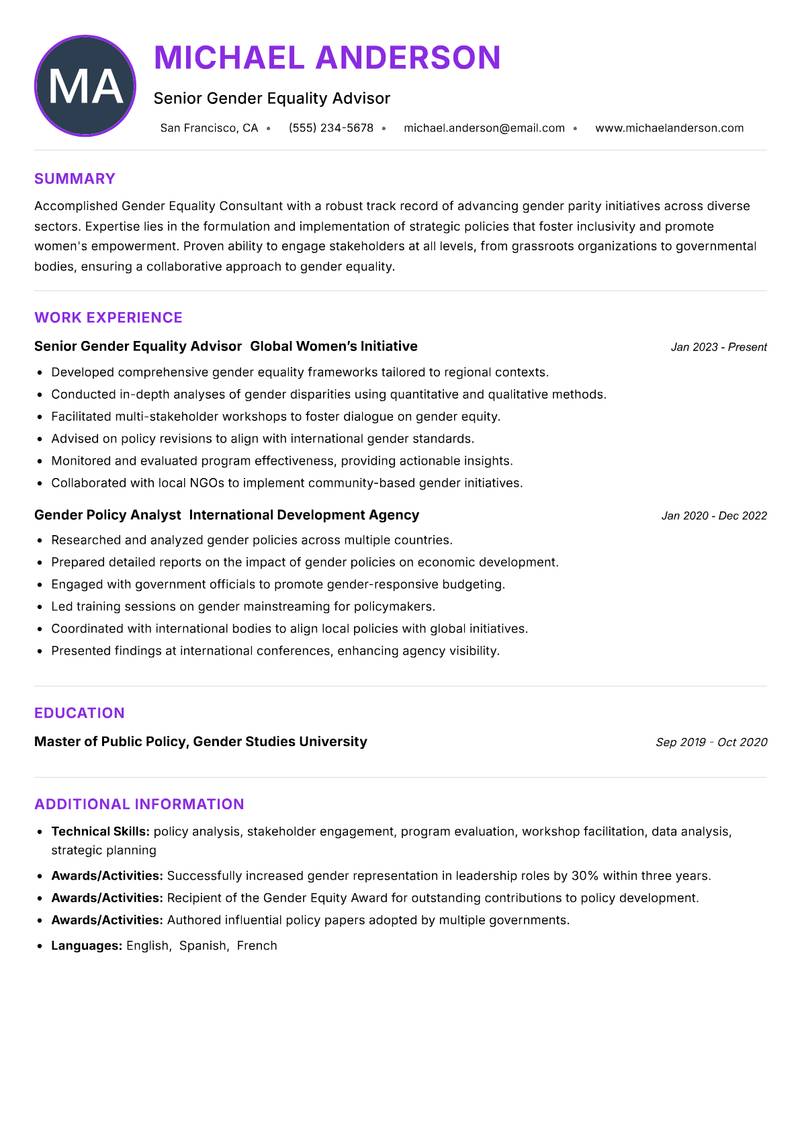 Gender Equality Consultant resume example — ATS-friendly template