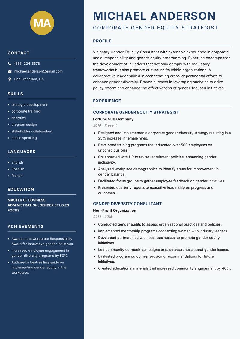 Gender Equality Consultant resume template — Classic Clean