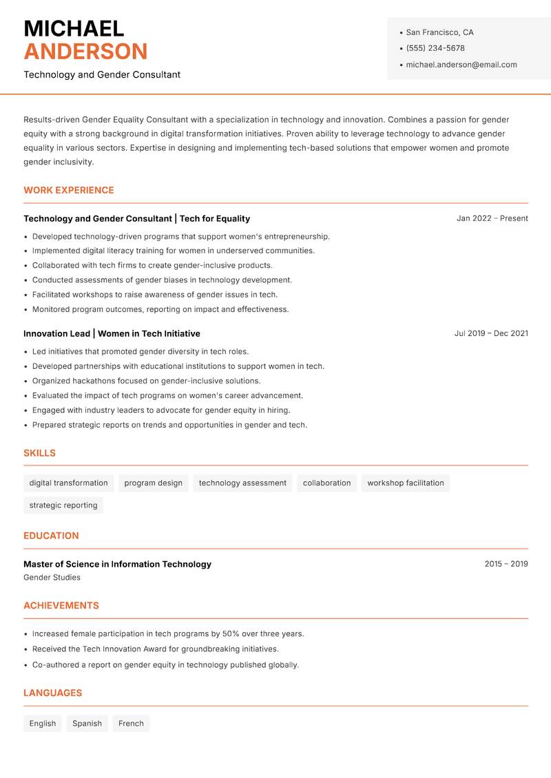 Gender Equality Consultant resume template — Modern Professional