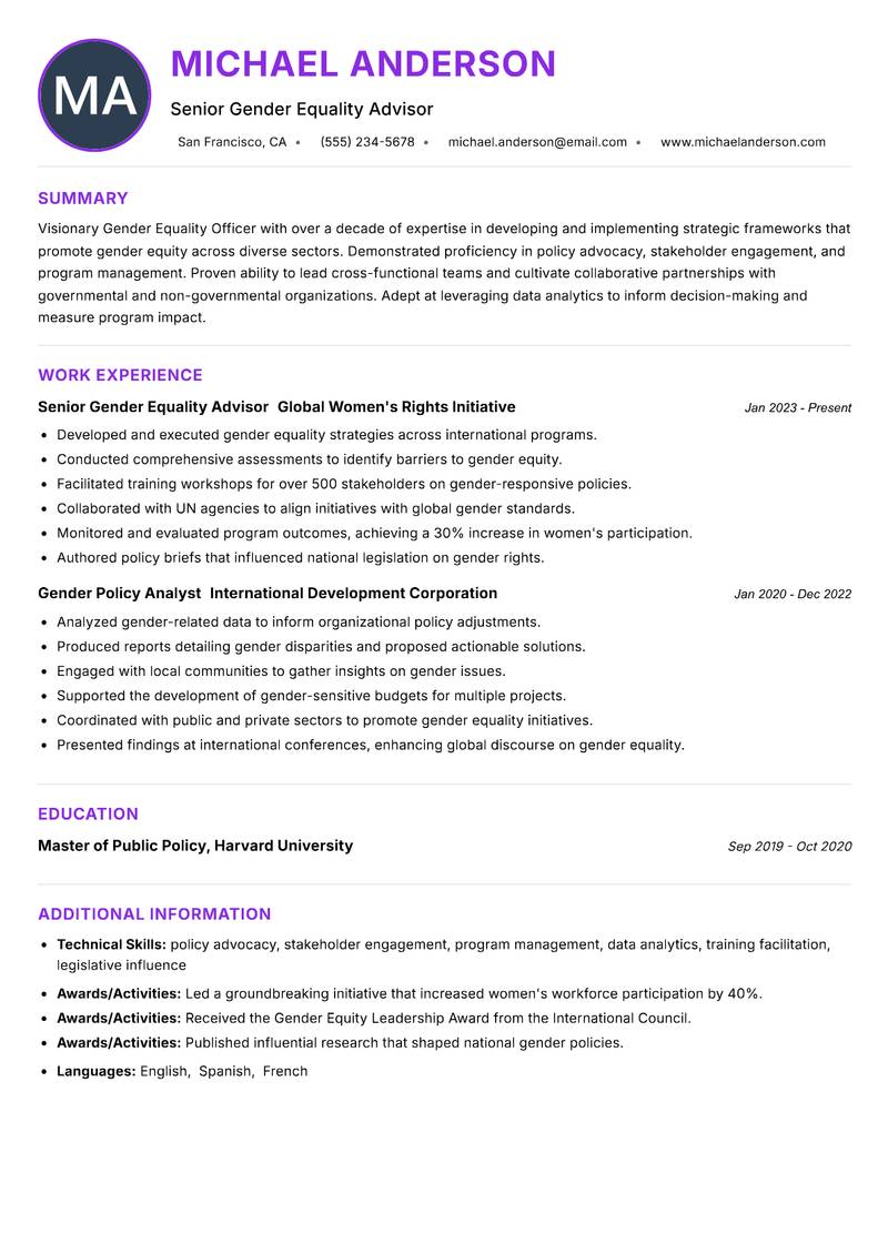 Gender Equality Officer resume example — ATS-friendly template