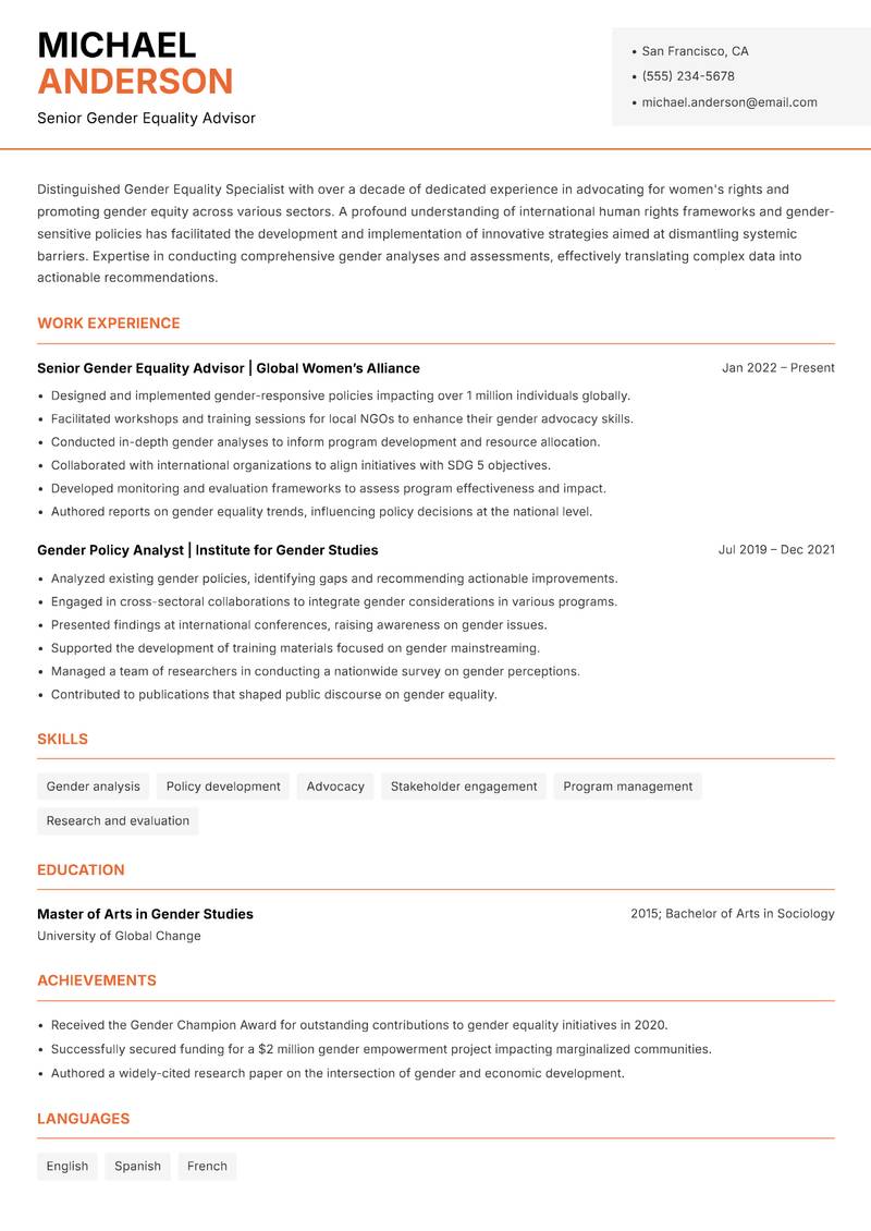 Gender Equality Specialist resume template — Modern Professional