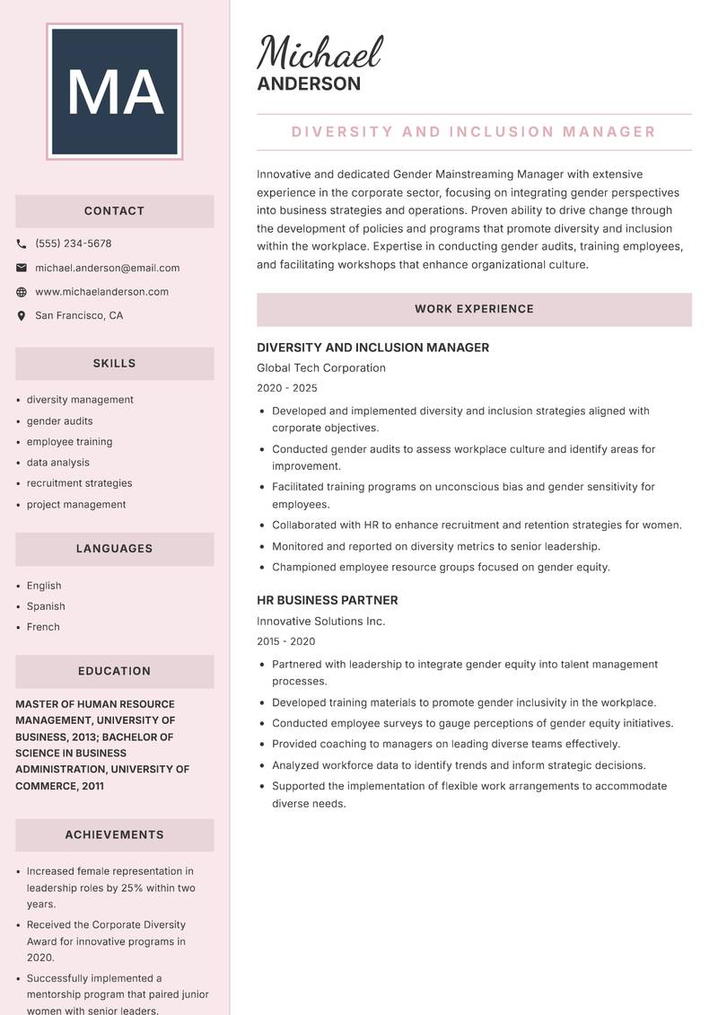 Gender Mainstreaming Manager resume template — Executive