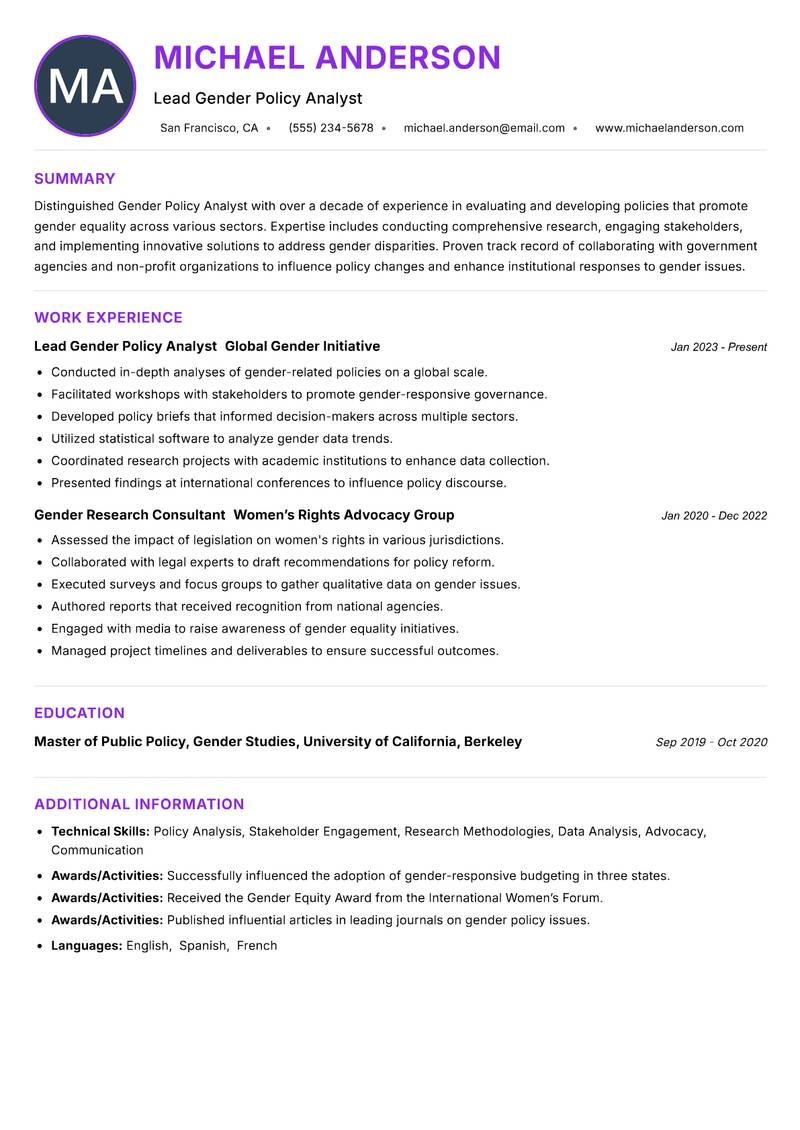 Gender Policy Analyst resume example — ATS-friendly template