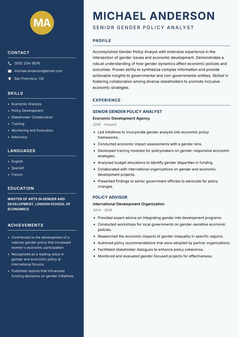 Gender Policy Analyst resume template — Classic Clean