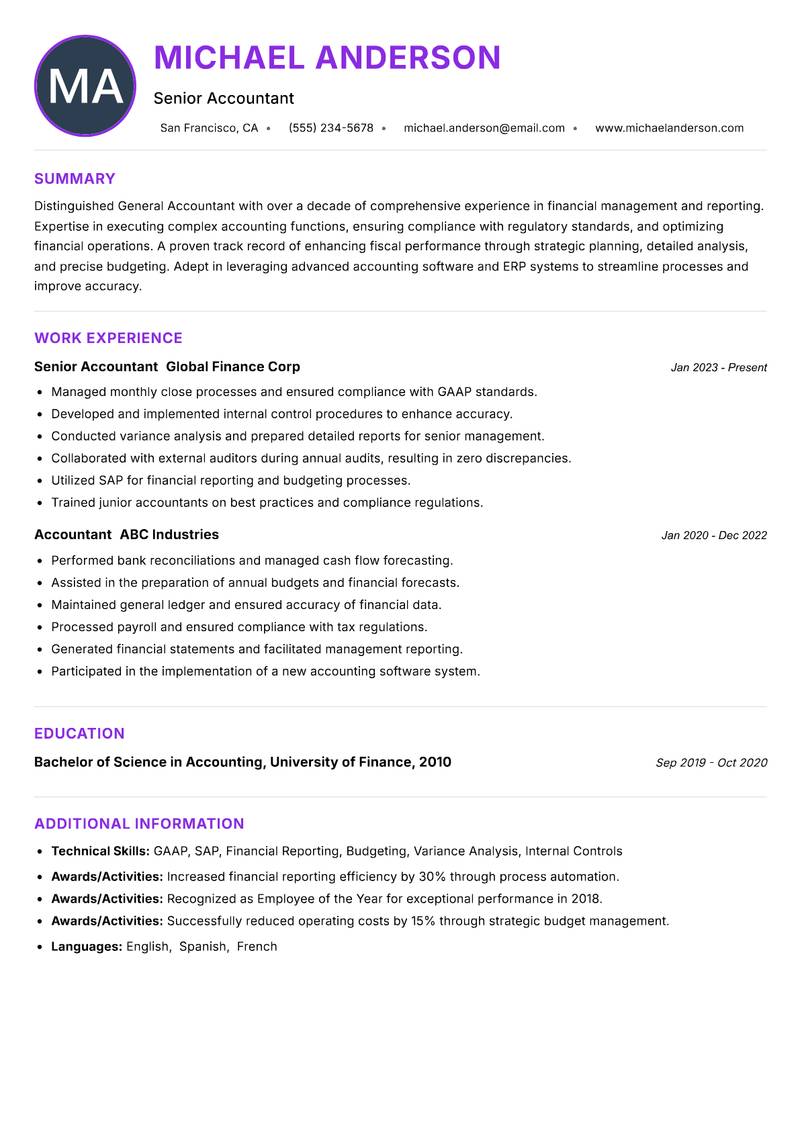 General Accountant resume example — ATS-friendly template