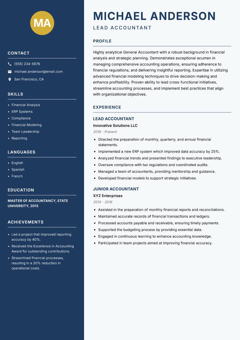General Accountant resume template — Classic Clean