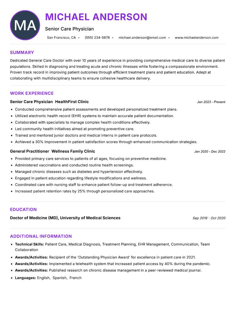 General Care Doctor resume example — ATS-friendly template