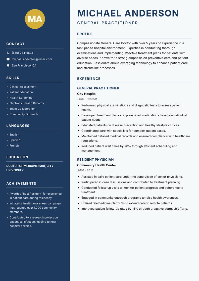 General Care Doctor resume template — Classic Clean
