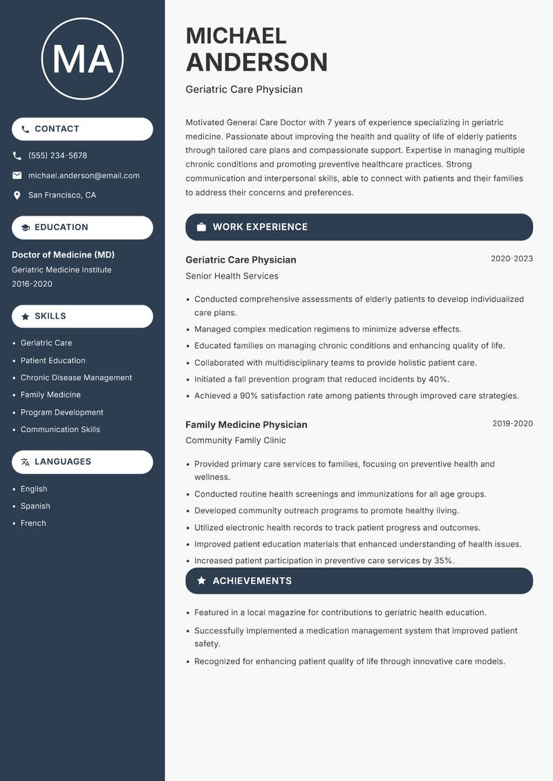 General Care Doctor resume template — Compact