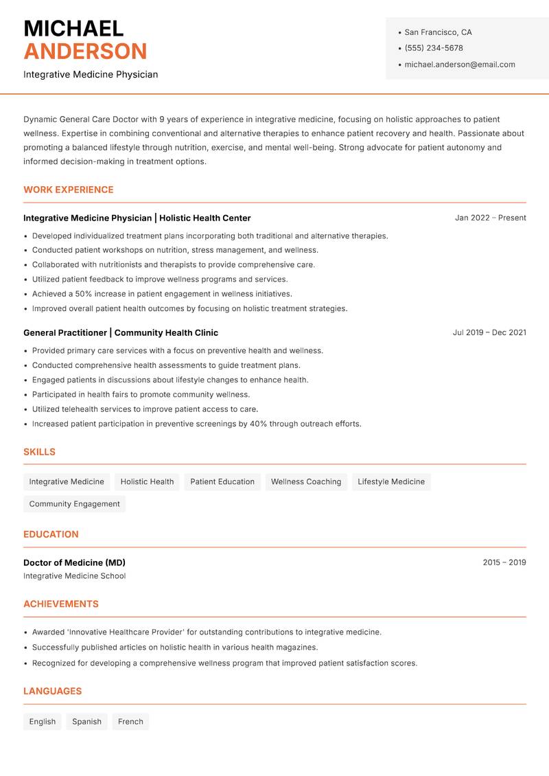 General Care Doctor resume template — Modern Professional