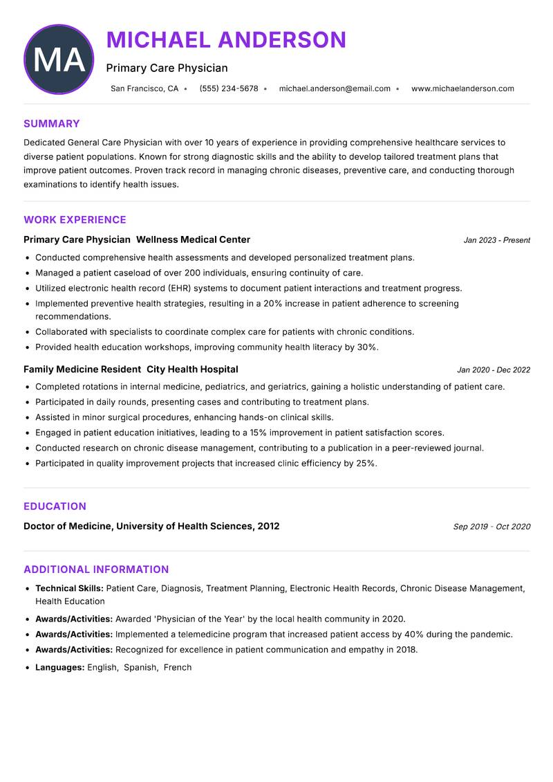 General Care Physician resume example — ATS-friendly template