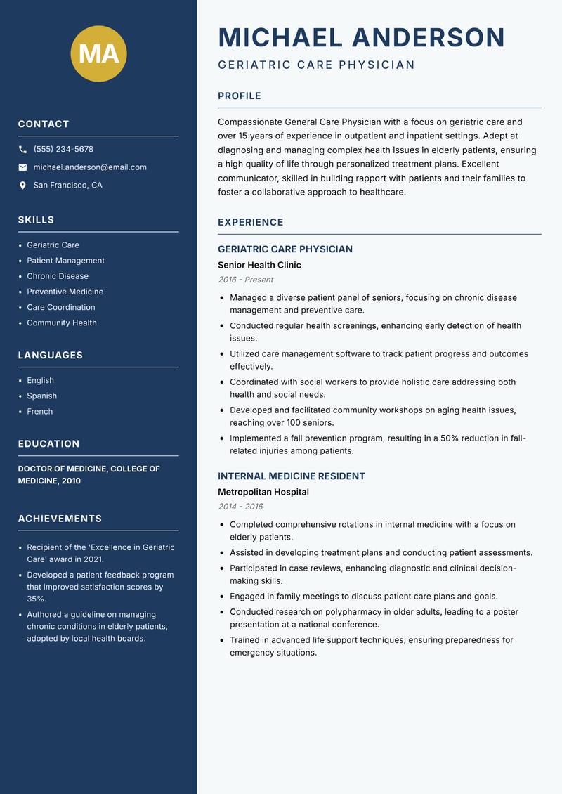 General Care Physician resume template — Classic Clean