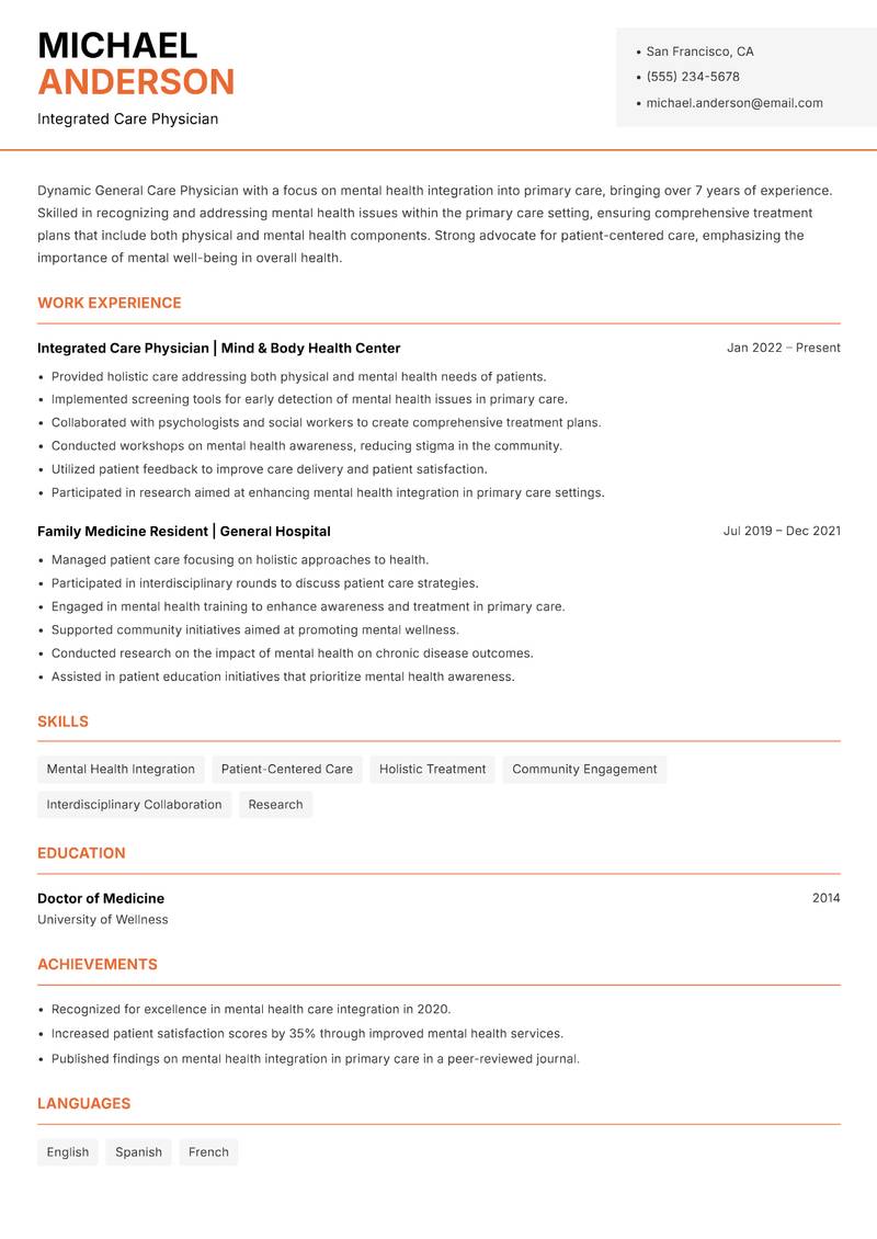 General Care Physician resume template — Modern Professional