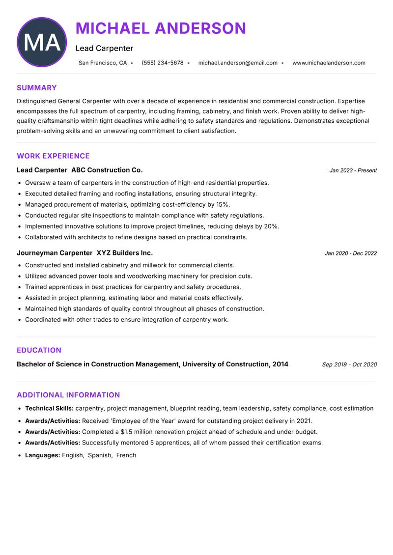 General Carpenter resume example — ATS-friendly template