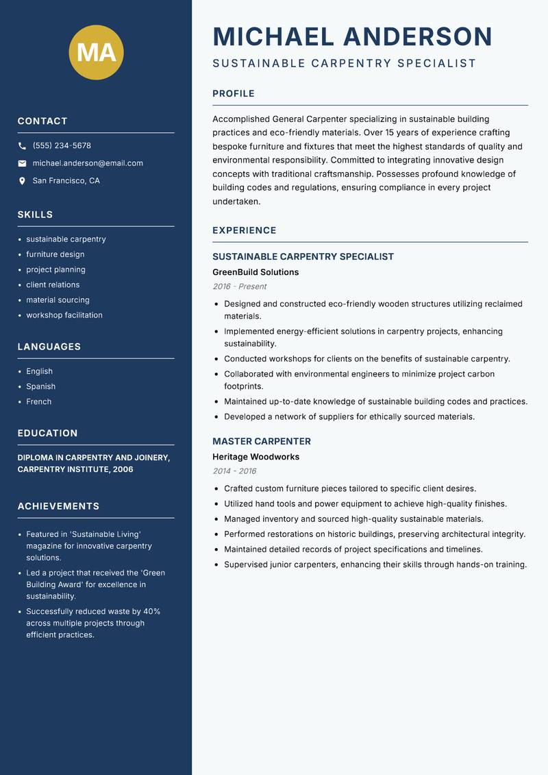 General Carpenter resume template — Classic Clean