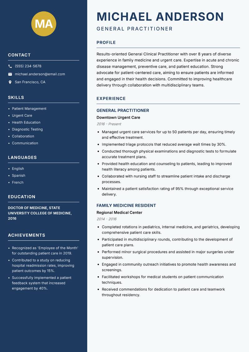 General Clinical Practitioner resume template — Classic Clean