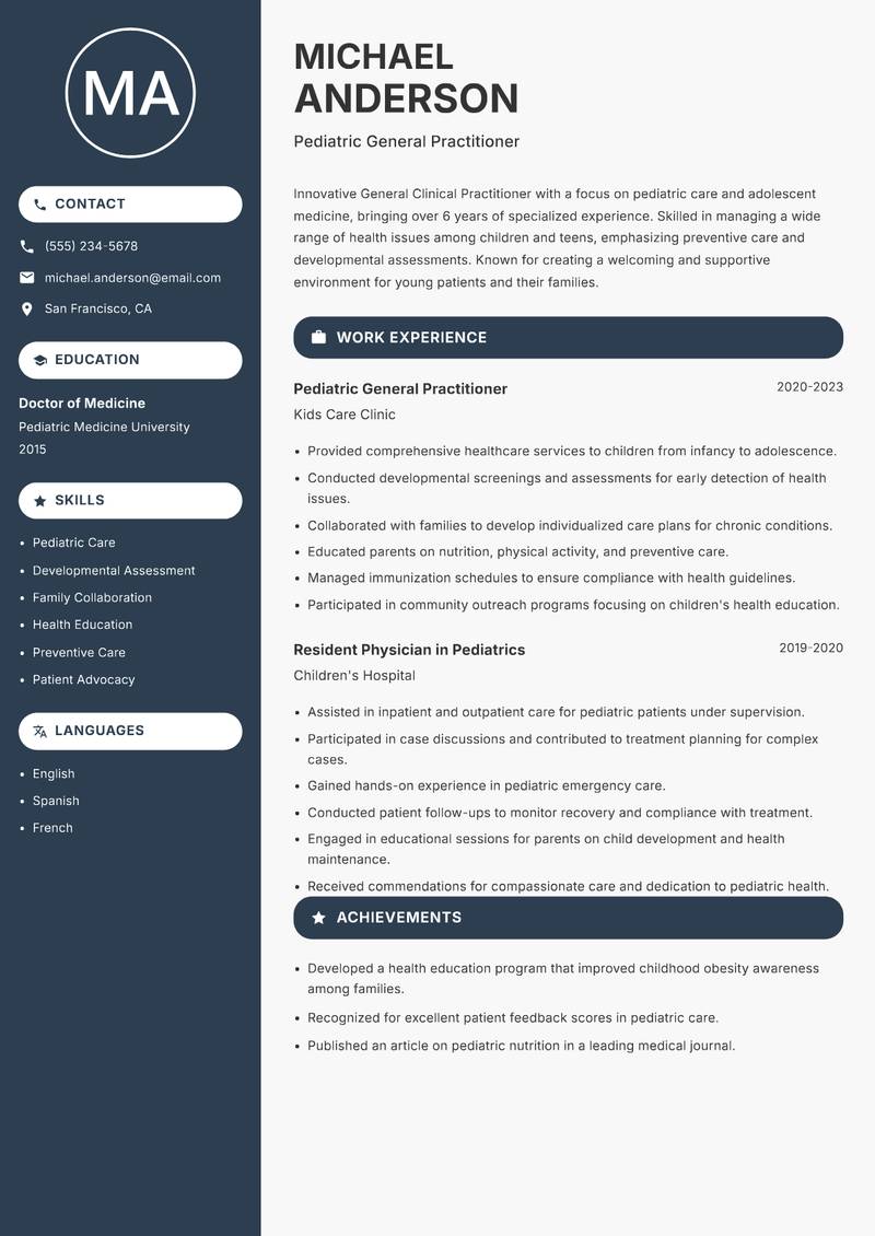 General Clinical Practitioner resume template — Compact