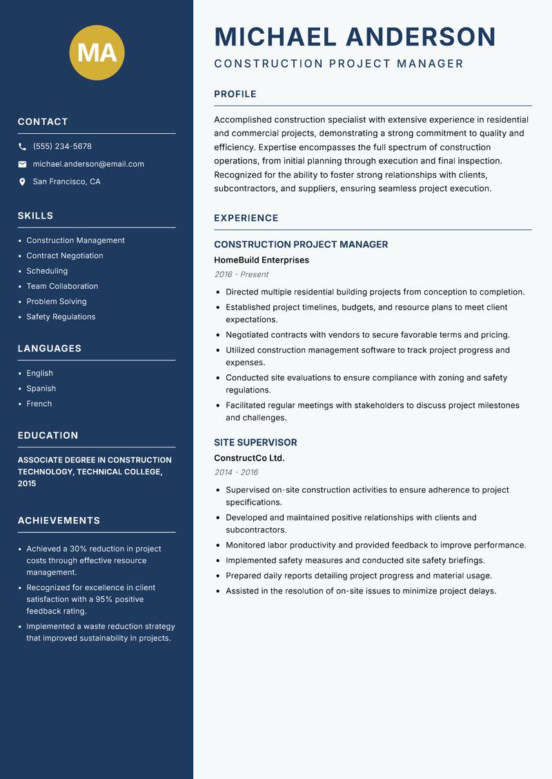 General Construction Worker resume template — Classic Clean
