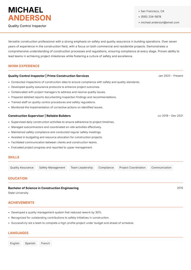 General Construction Worker resume template — Modern Professional