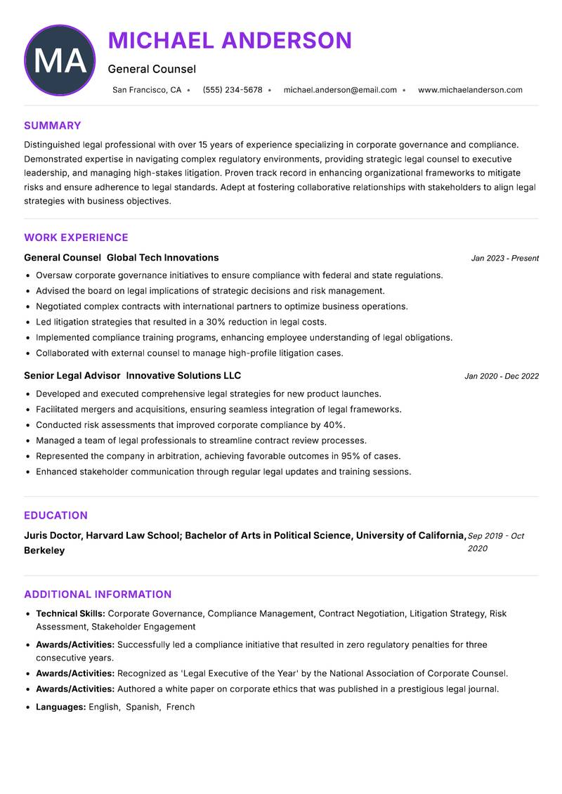 General Counsel resume example — ATS-friendly template