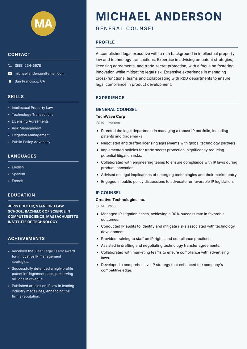 General Counsel resume template — Classic Clean