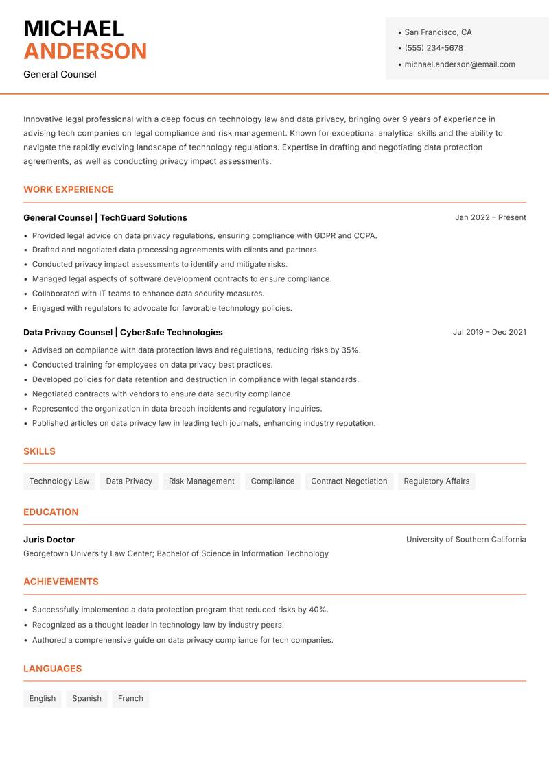General Counsel resume template — Modern Professional
