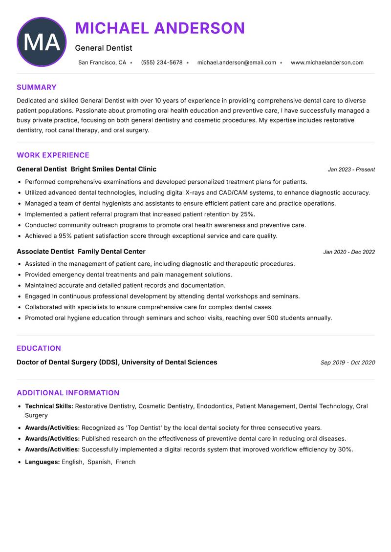 General Dentist resume example — ATS-friendly template