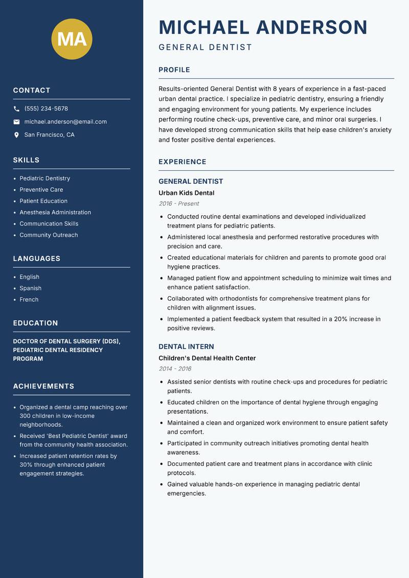 General Dentist resume template — Classic Clean