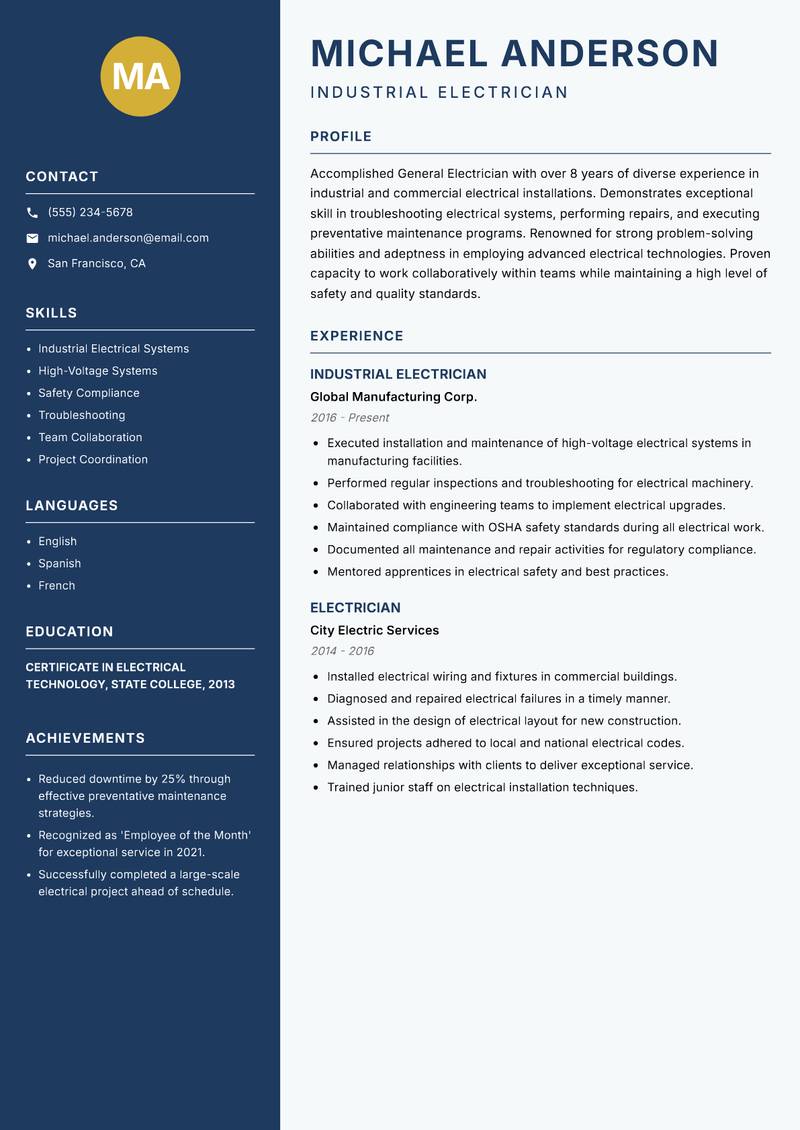 General Electrician resume template — Classic Clean