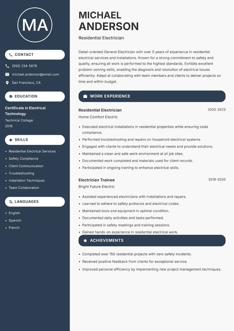 General Electrician resume template — Compact