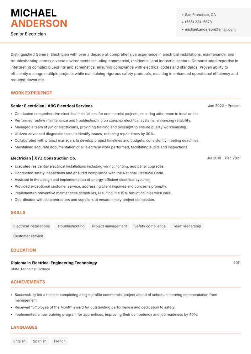 General Electrician resume template — Modern Professional