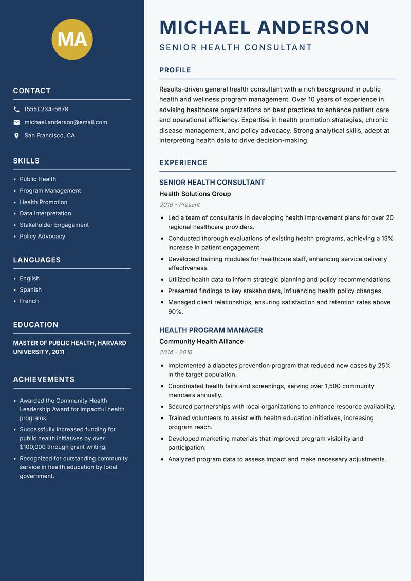 General Health Consultant resume template — Classic Clean