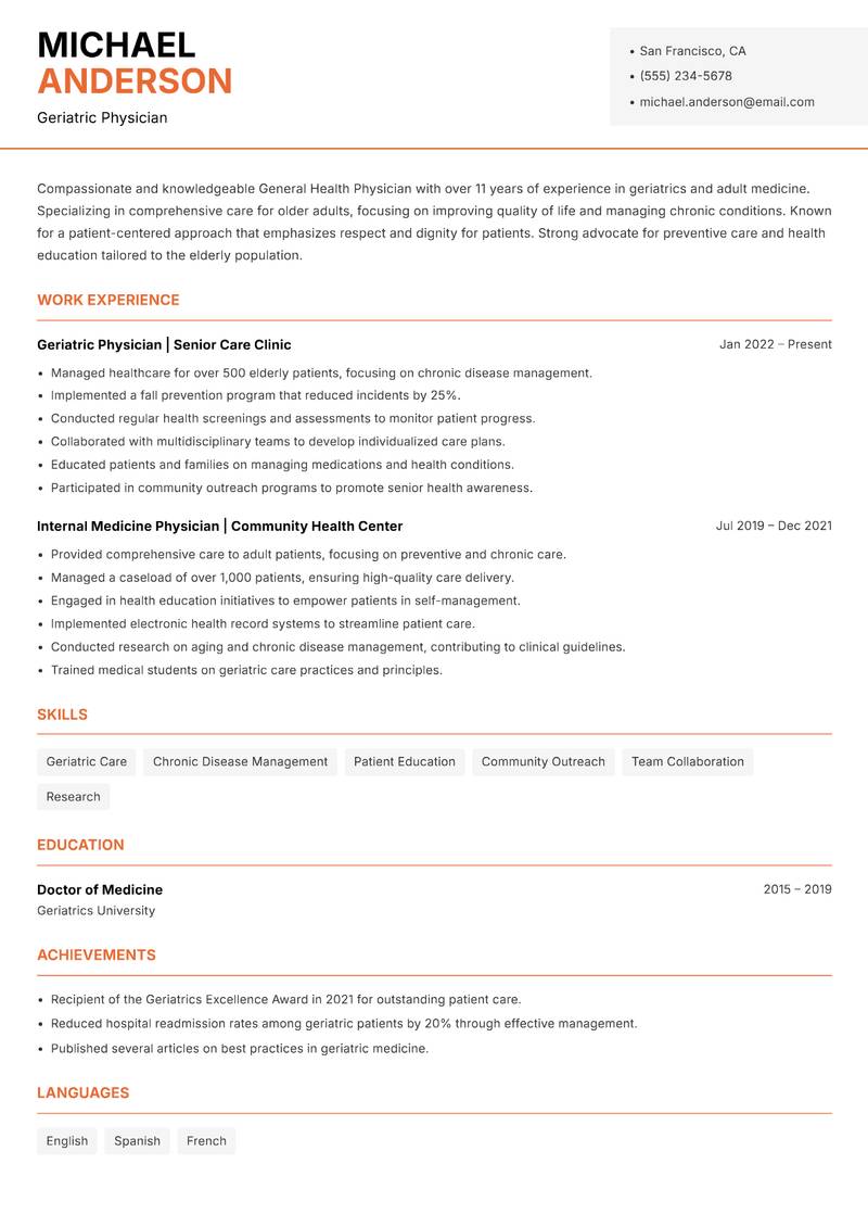 General Health Physician resume template — Modern Professional