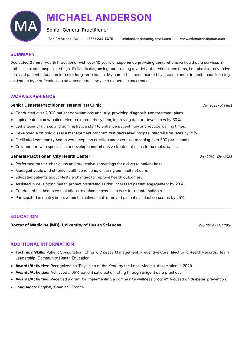 General Health Practitioner resume example — ATS-friendly template