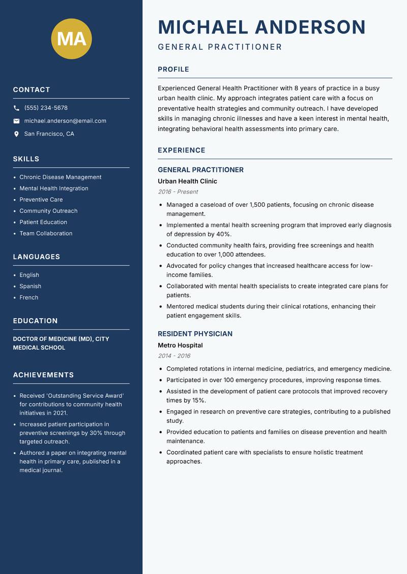 General Health Practitioner resume template — Classic Clean