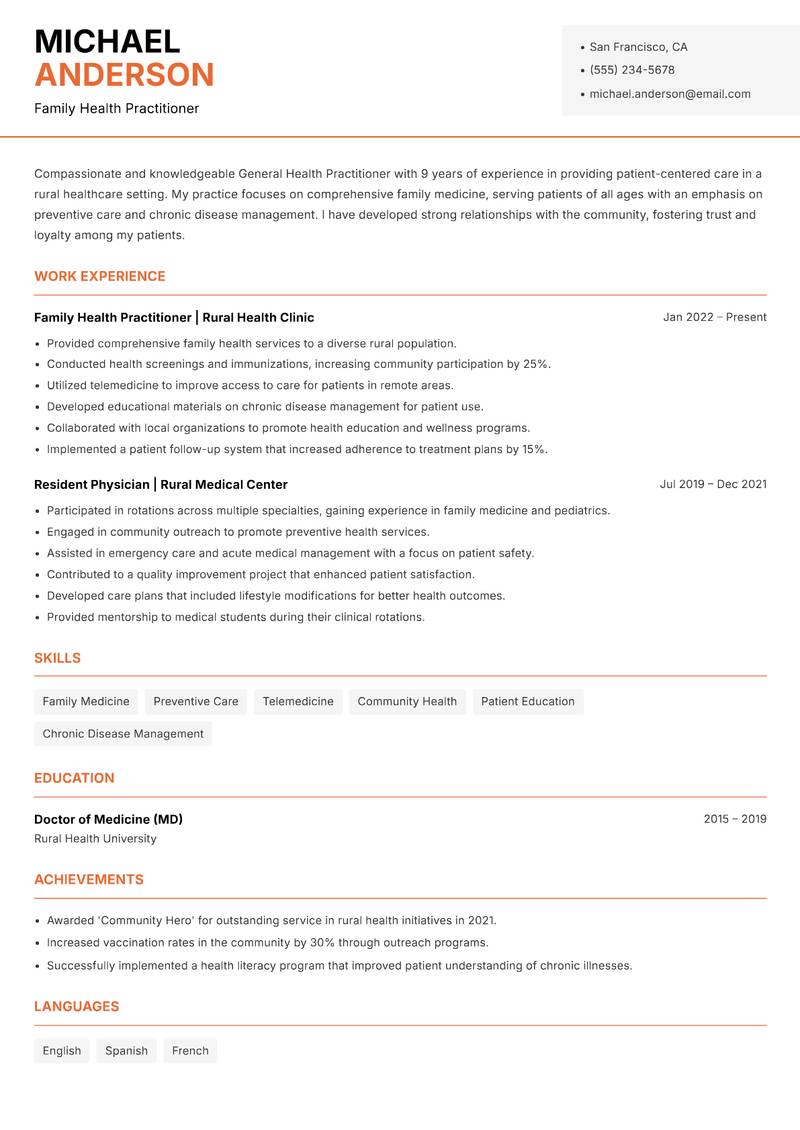 General Health Practitioner resume template — Modern Professional