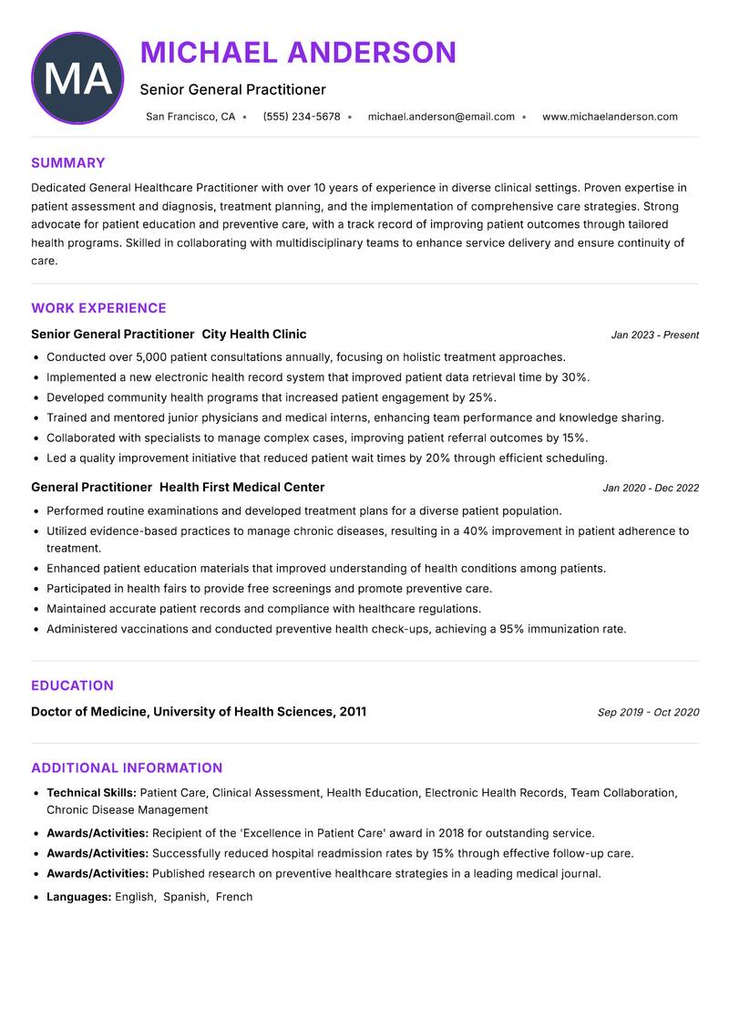 General Healthcare Practitioner resume example — ATS-friendly template