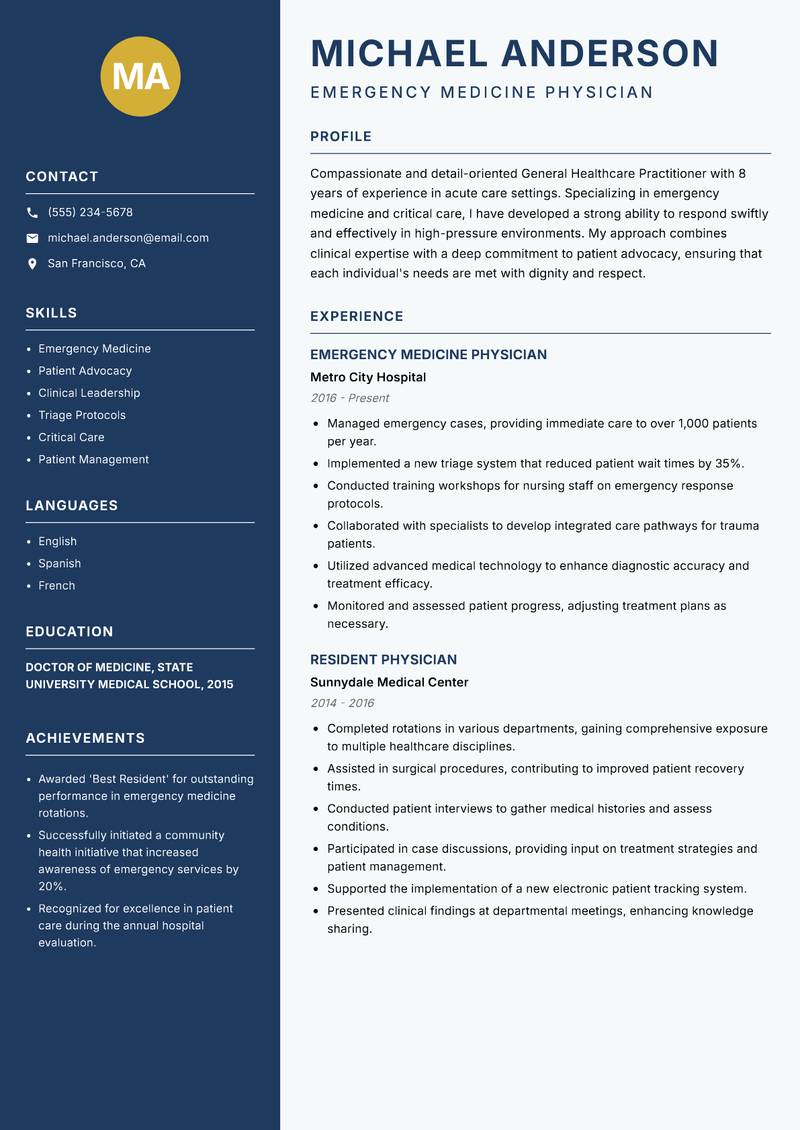 General Healthcare Practitioner resume template — Classic Clean